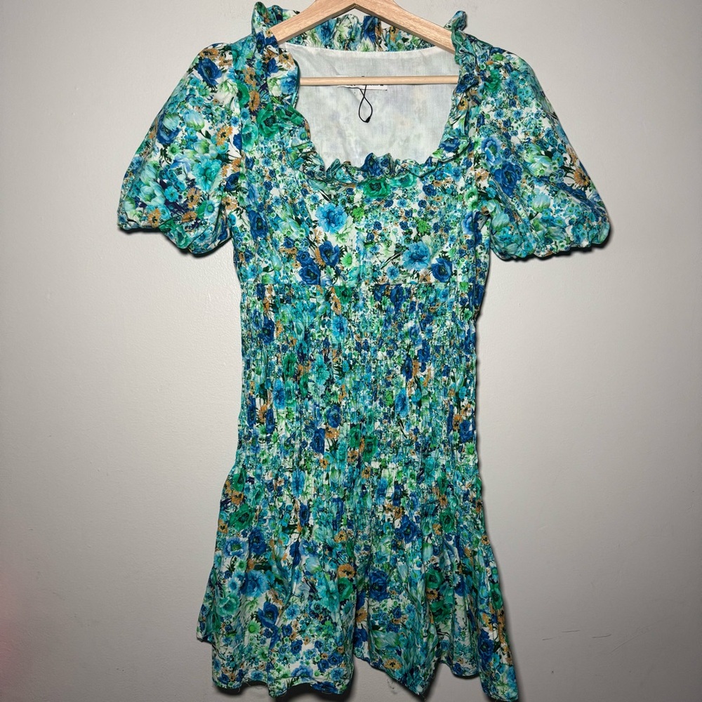Zara Floral Smocked Mini Dress Size S Blue /‎ Green Puff Sleeves
